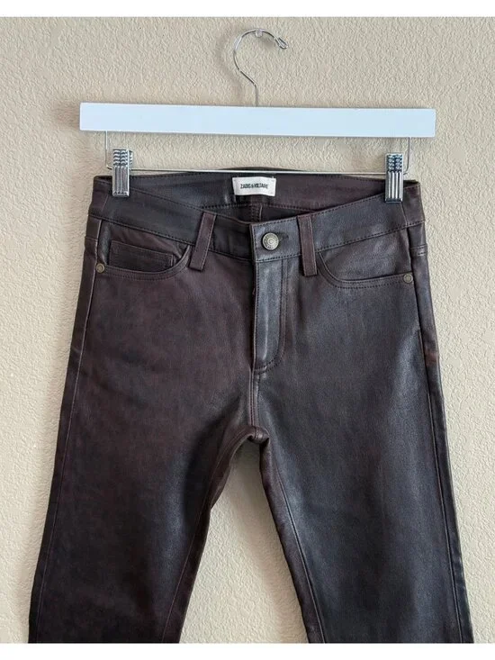 Zadig & Voltaire Women's Phlame Sheep Leather Pants Skinny Fit Chocolate Brown - Picture 2 of 8